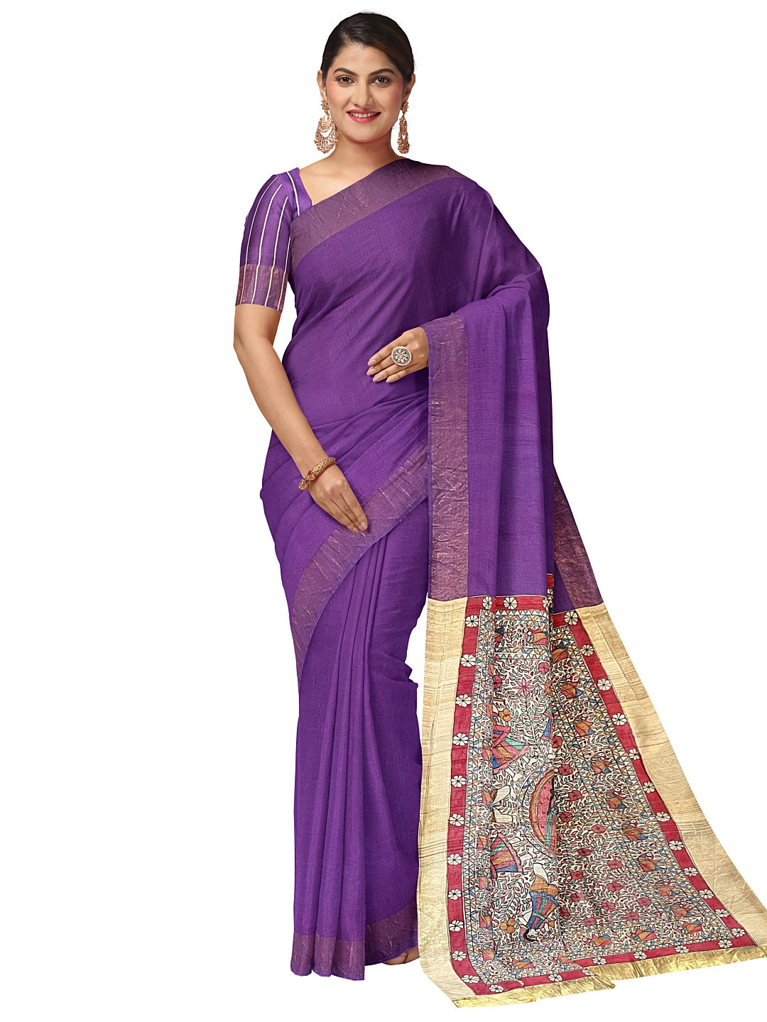 Hand-painted Madhubani Tussar Staple Silk Saree on Purple